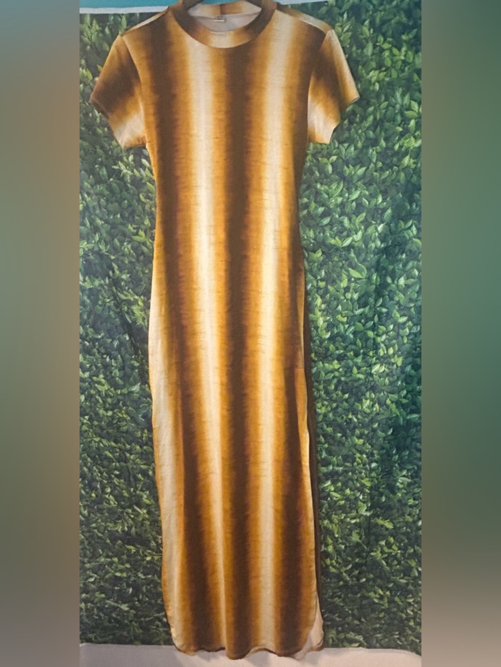 Short-Sleeve Maxi Dress in Golden Brown Stripe